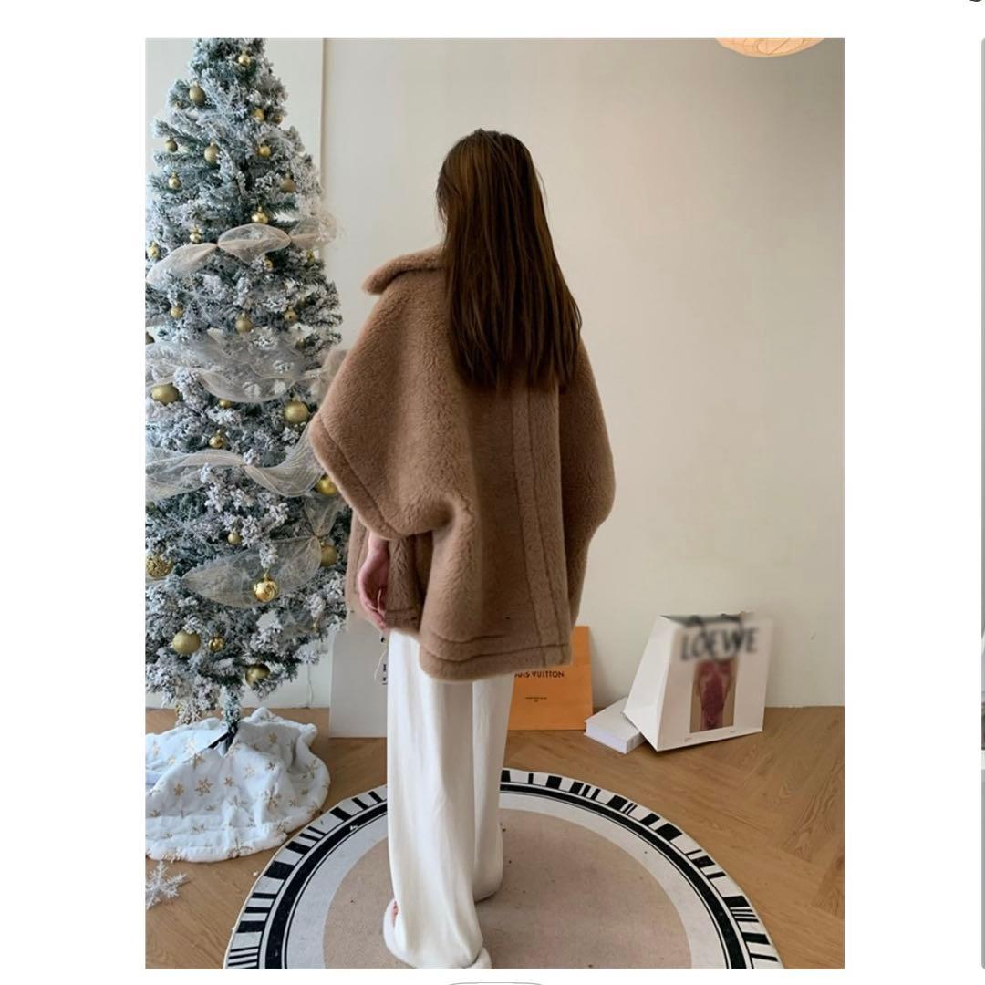 オフホワイト フード付きウールポンチョ