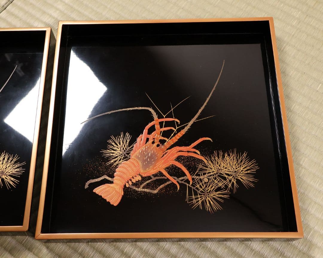 木製 松と海老 蒔絵 重膳一組 在銘 四方盆 大小二枚 香雲？【MA746】