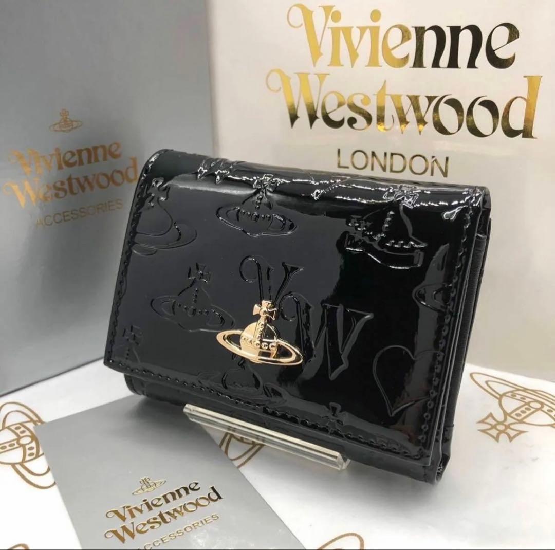 【在庫ラスト】ヴィヴィアンウエストウッド折り財布 型押しエナメル ブラック ロゴ