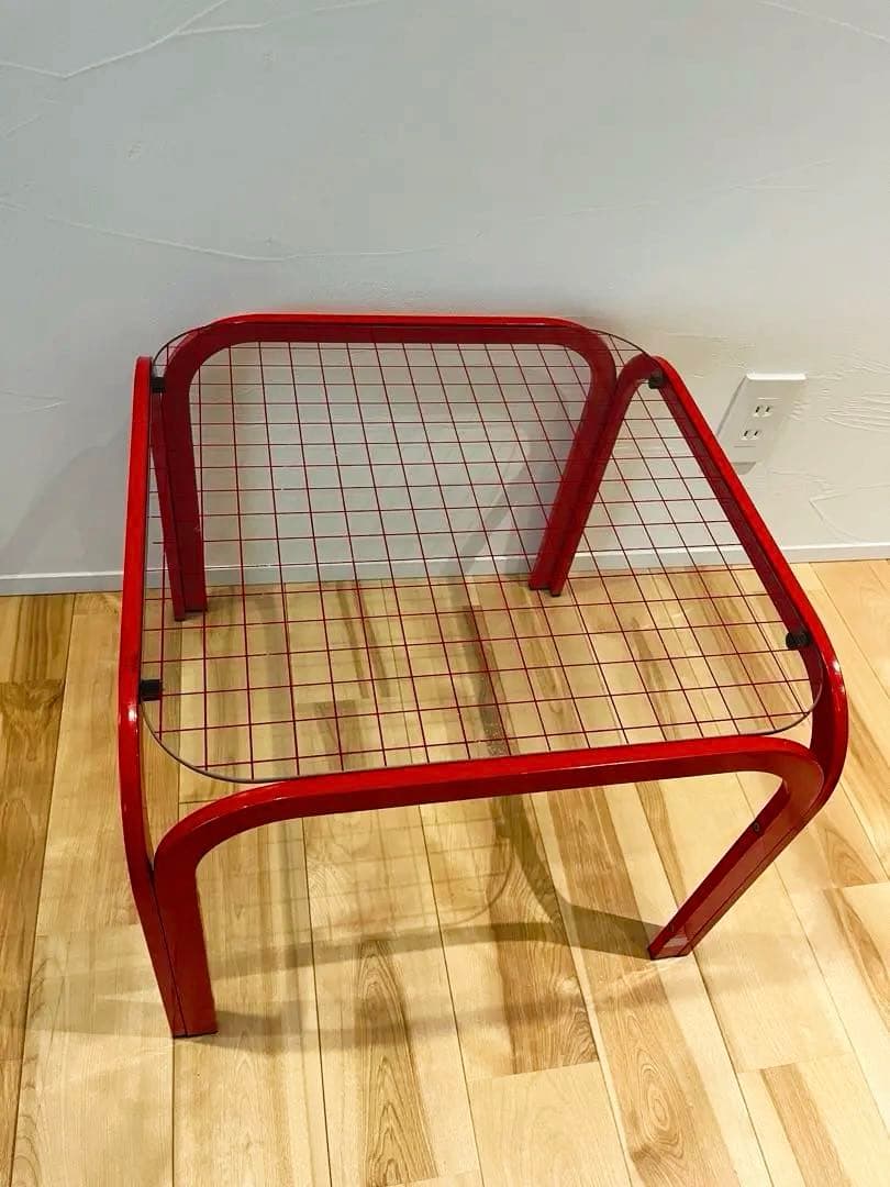 80s レトロポップ　ガラストップ　アイアンテーブルグリッド柄