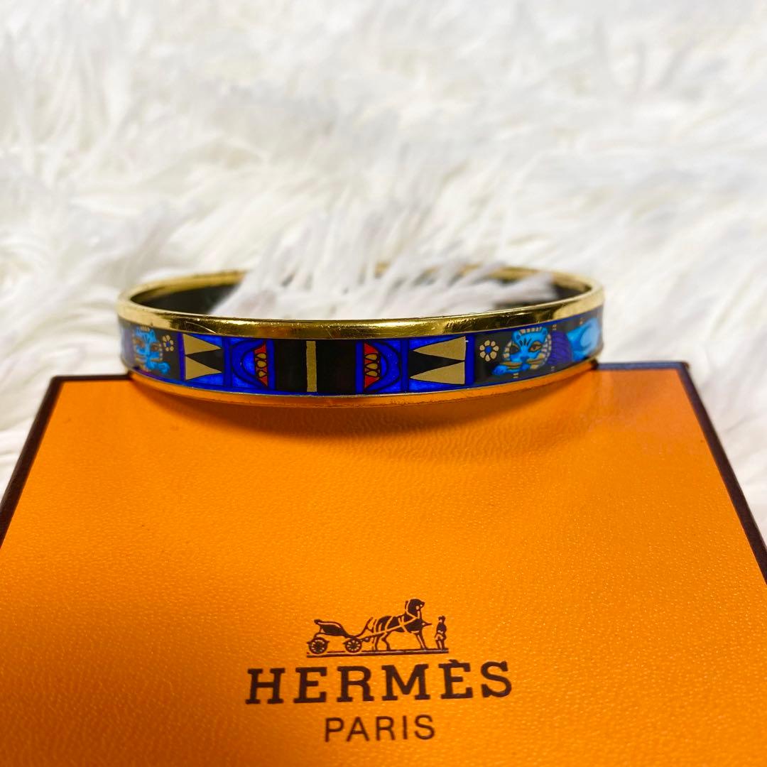 HERMES エマイユ　七宝焼　バングル　ブレスレット　猫　アニマル　ブルー