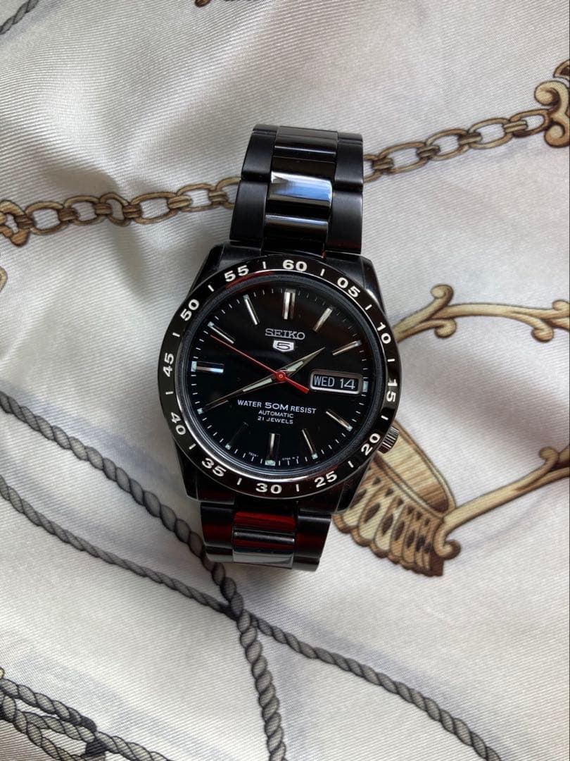 セイコー 自動巻き 時計 黒 金属ベルト