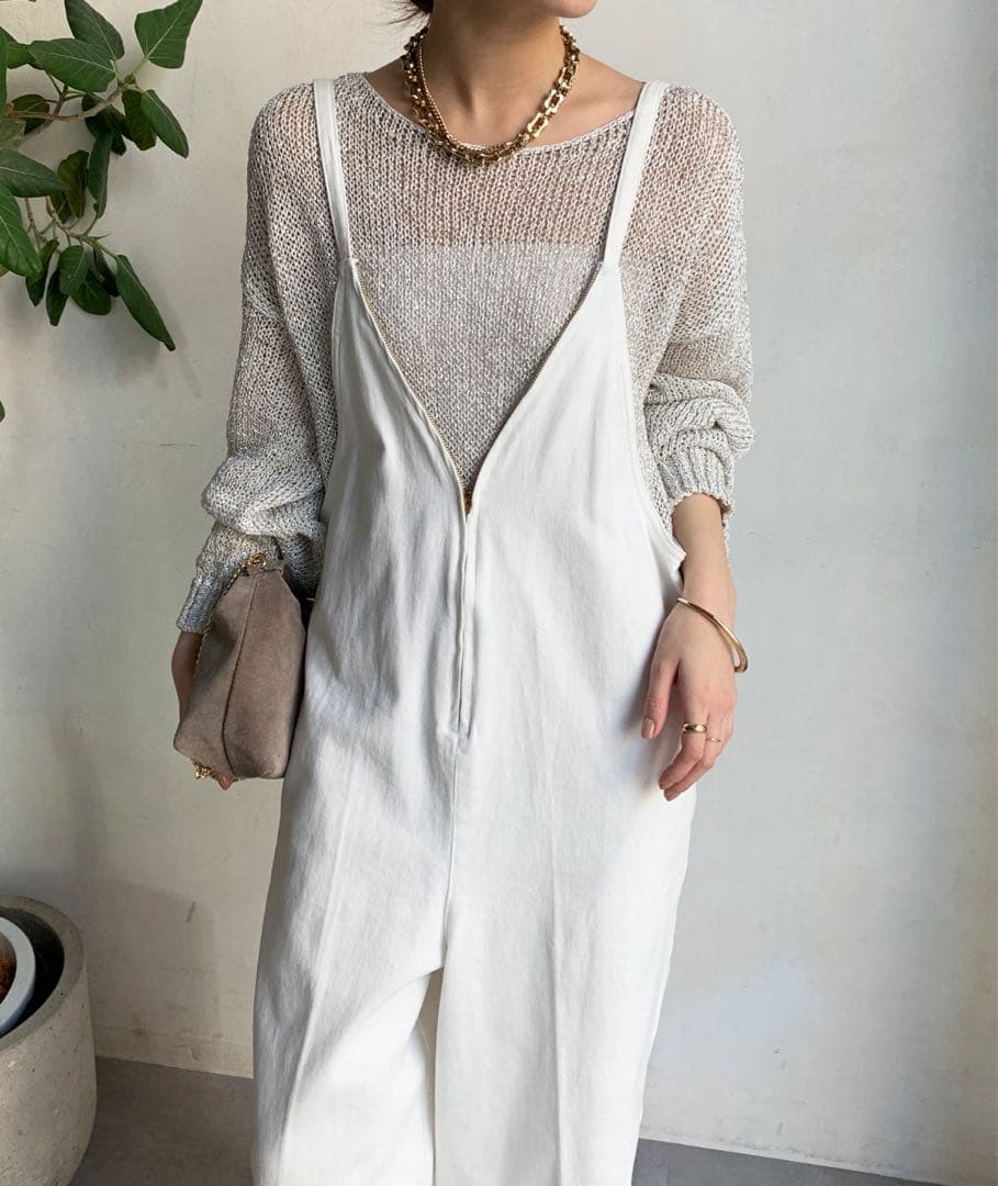 DouDou 細紐デニムフロントジップサロペット