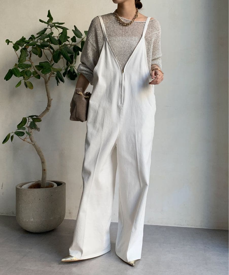 DouDou 細紐デニムフロントジップサロペット