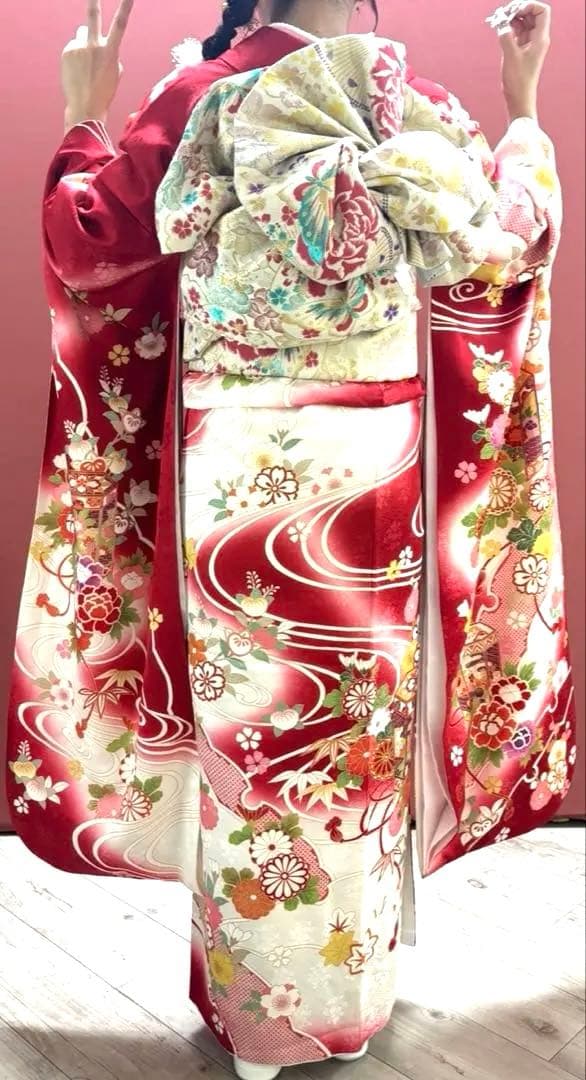 振袖完全フルセット成人式♡正絹赤色150〜160㎝向♡全ての小物付クリーニング済