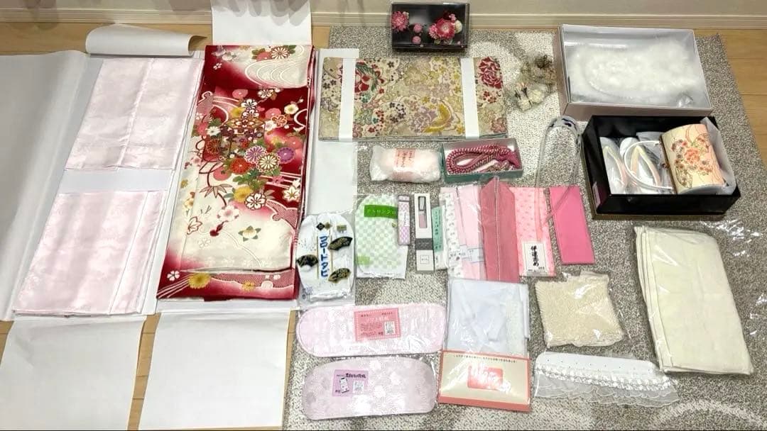 振袖完全フルセット成人式♡正絹赤色150〜160㎝向♡全ての小物付クリーニング済