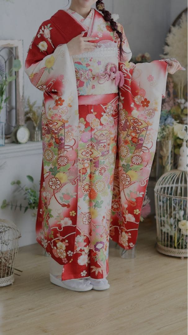 振袖完全フルセット成人式♡正絹赤色150〜160㎝向♡全ての小物付クリーニング済