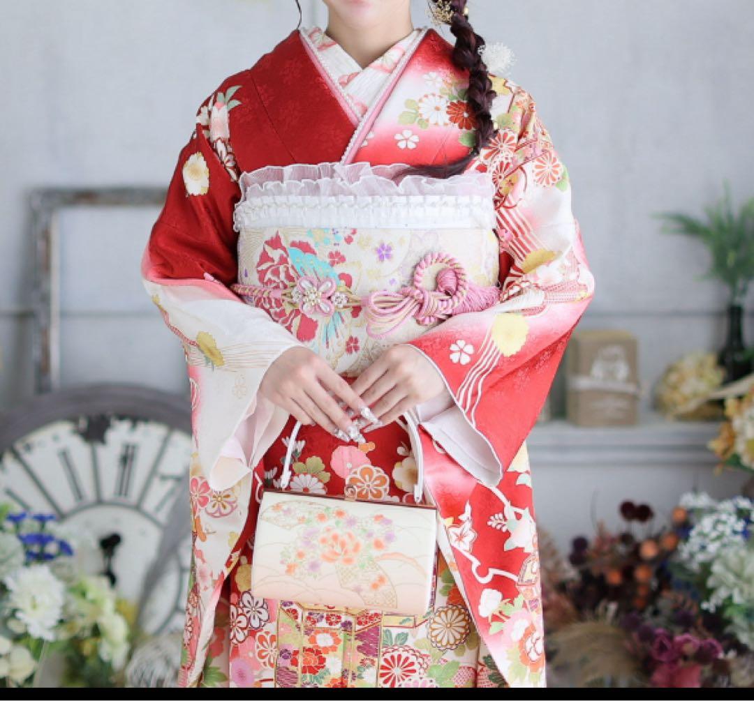 振袖完全フルセット成人式♡正絹赤色150〜160㎝向♡全ての小物付クリーニング済