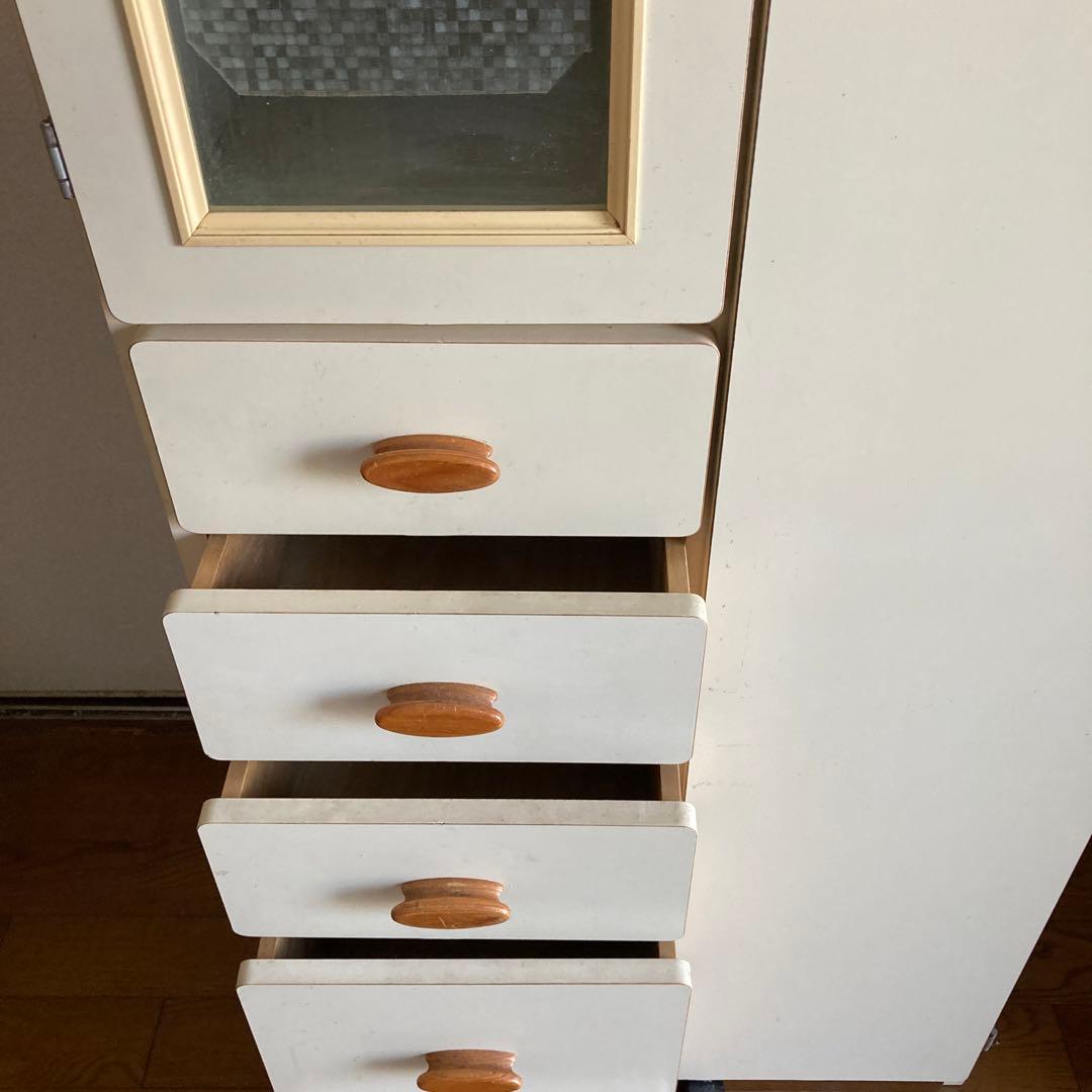 たのメル便 食器棚 昭和レトロ ホワイト ガラス扉付き 引き出し付き