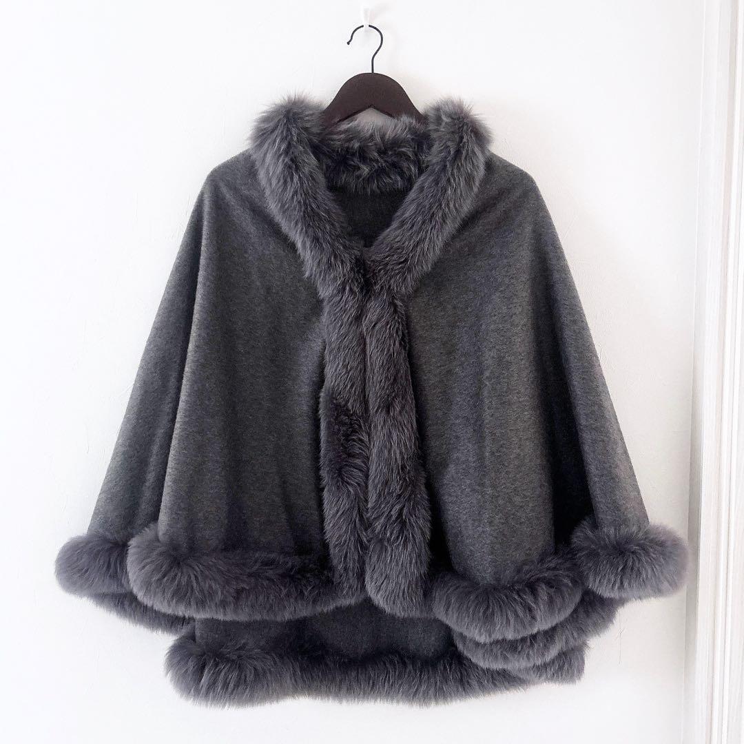 《美品》ツカキ カシミア100% ファー ポンチョ ケープ グレー 高級 上質