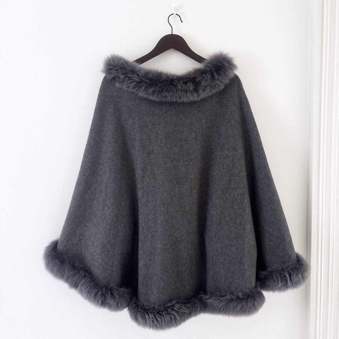 《美品》ツカキ カシミア100% ファー ポンチョ ケープ グレー 高級 上質