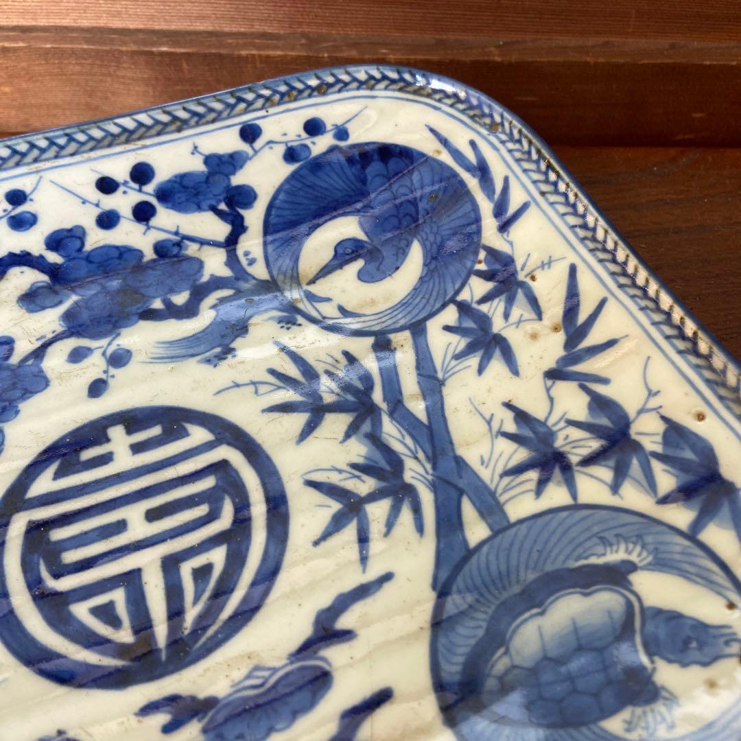 古伊万里染付鶴亀松竹梅四方皿 江戸時代　茶碗2点