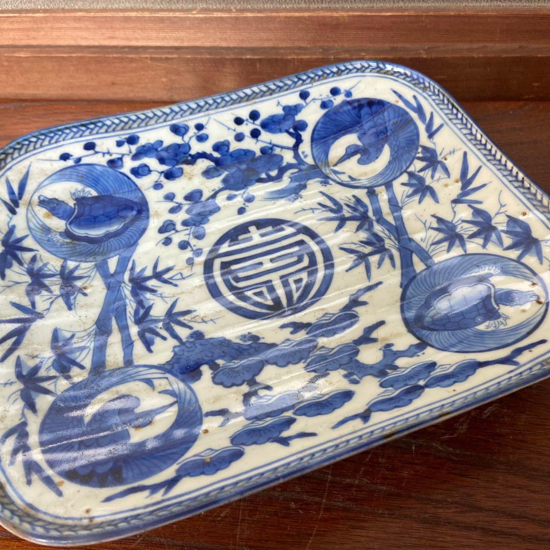 古伊万里染付鶴亀松竹梅四方皿 江戸時代　茶碗2点