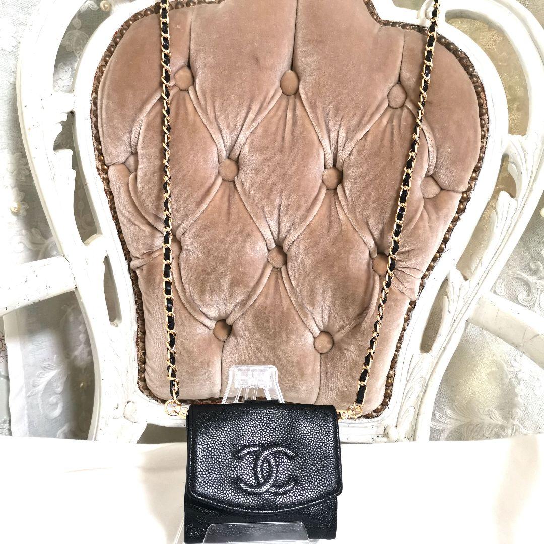 【美品】シャネルCHANELココマーク財布 黒キャビアスキン新品ショルダー鑑定済