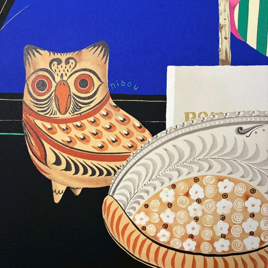 中島千波「ポインセチア」リトグラフ 直筆サイン・落款有 額縁入り 日本画家 猫