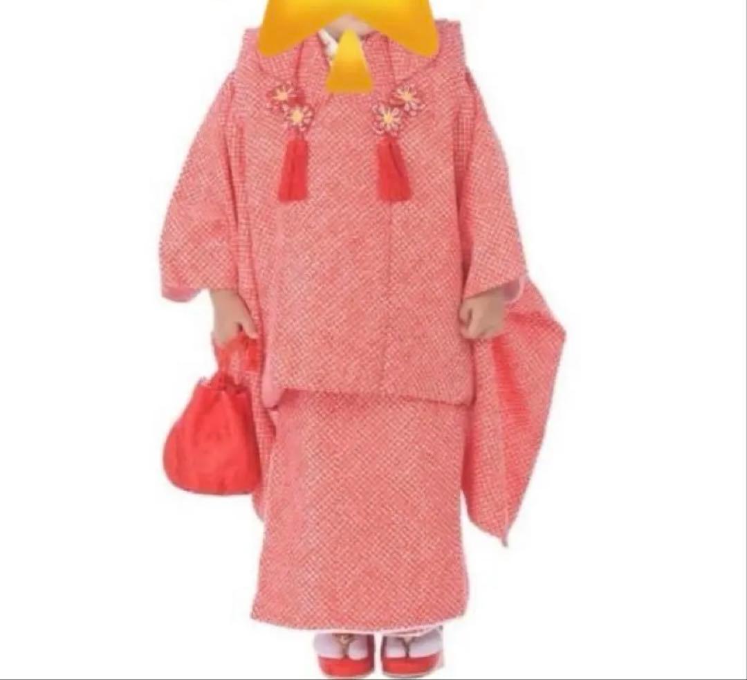 七五三 3歳　被布コート着物セット【つけ毛・髪飾り・草履・かかと止め付き】