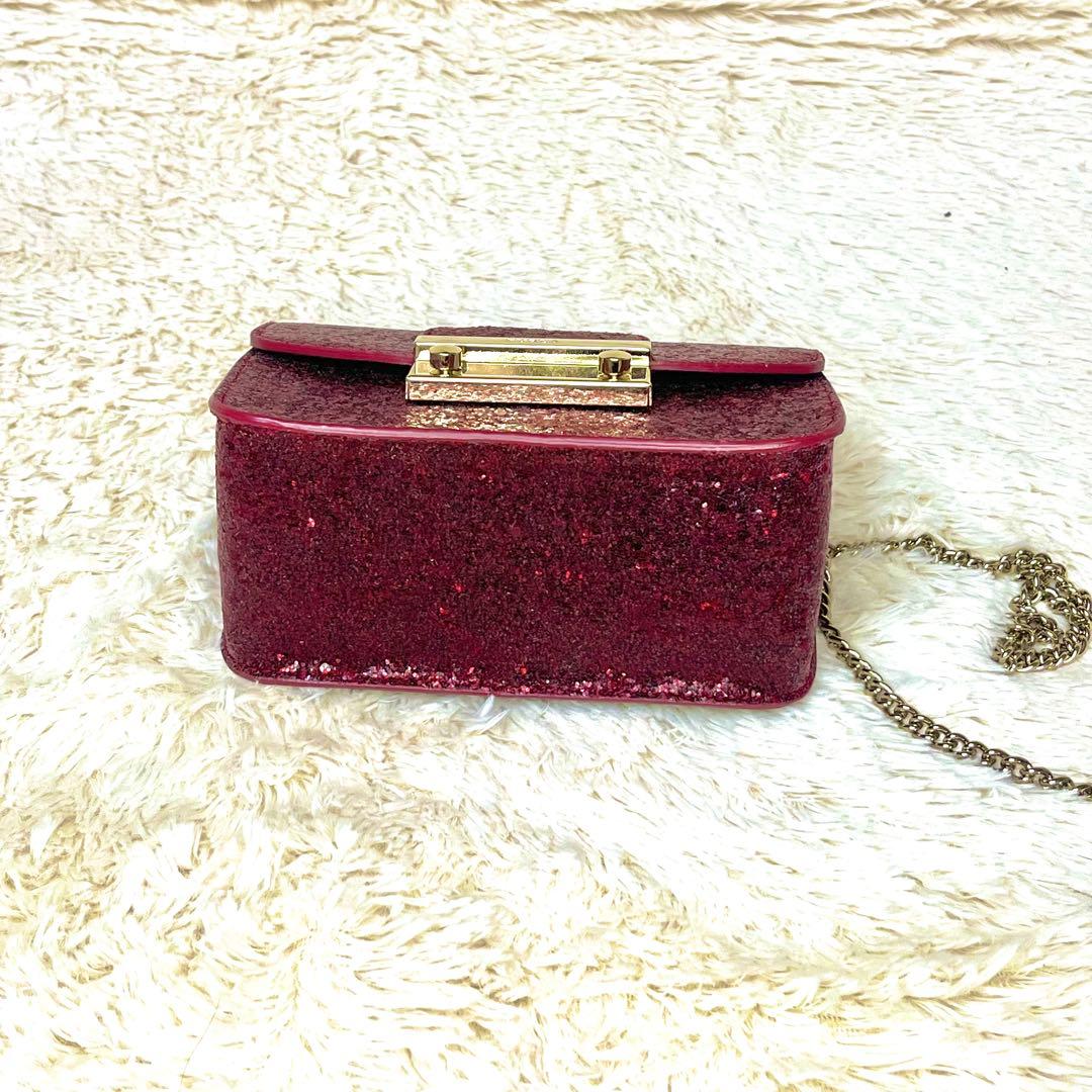 FURLA メトロポリス チェーンバッグ ポシェット ミニホルダー ラメ レッド