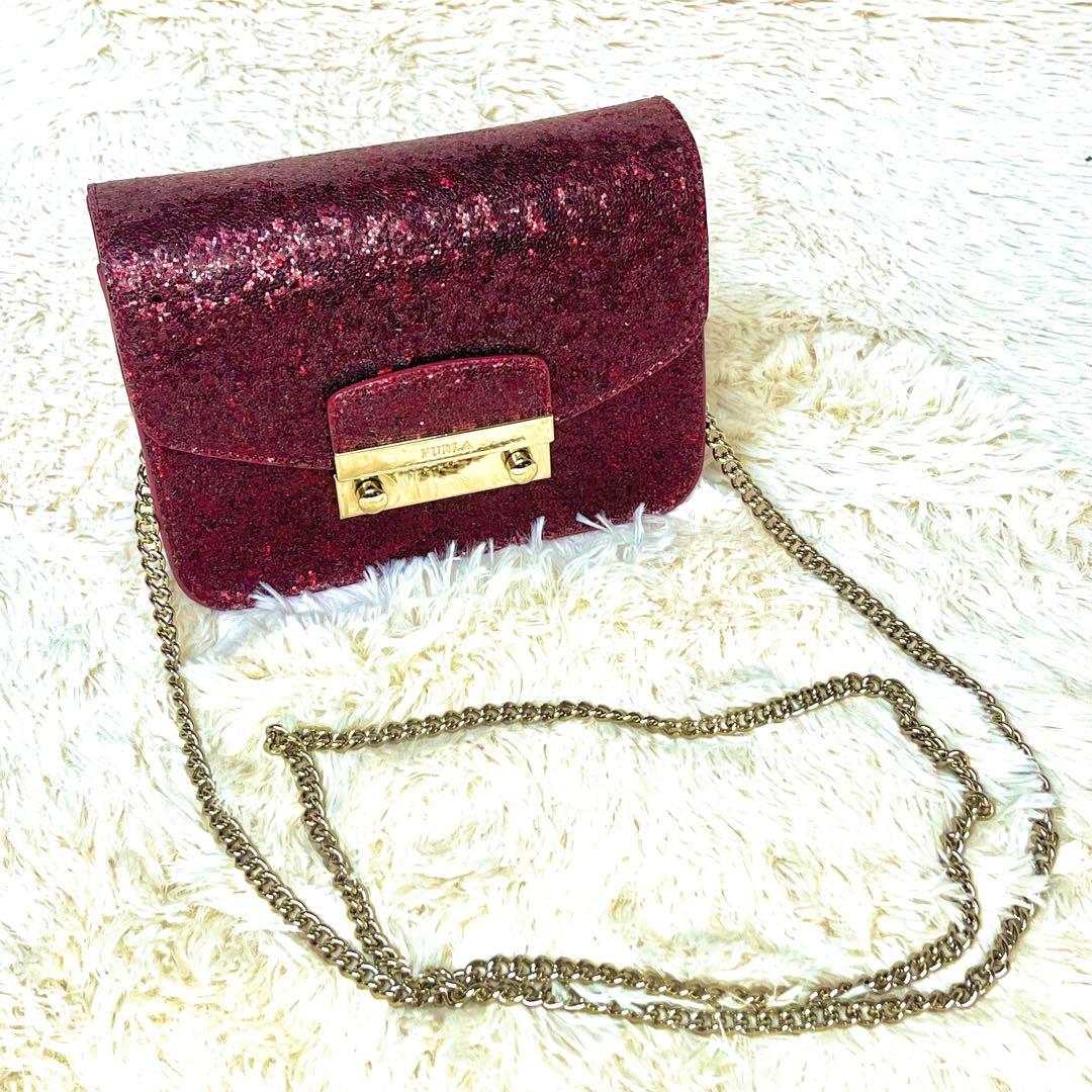 FURLA メトロポリス チェーンバッグ ポシェット ミニホルダー ラメ レッド