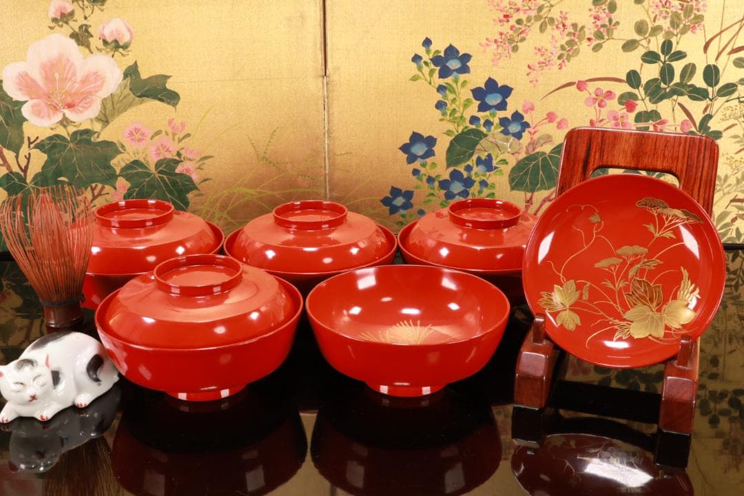 時代輪島塗　草花蒔絵　吸物椀　十客　木製　茶道具　懐石　菓子　BJ134