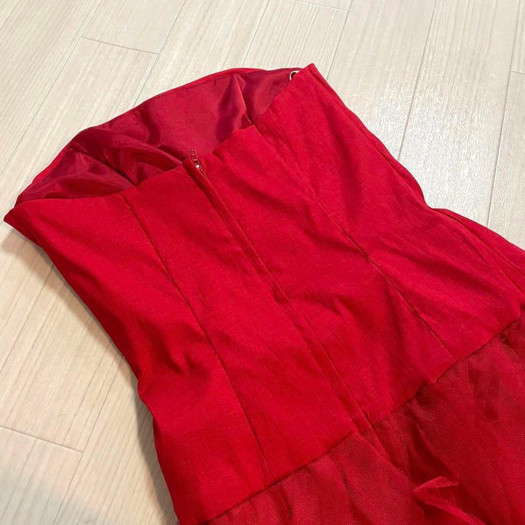 ジェシカマクリントック　パーティドレス　レッド フリル　ストラップレスロングS