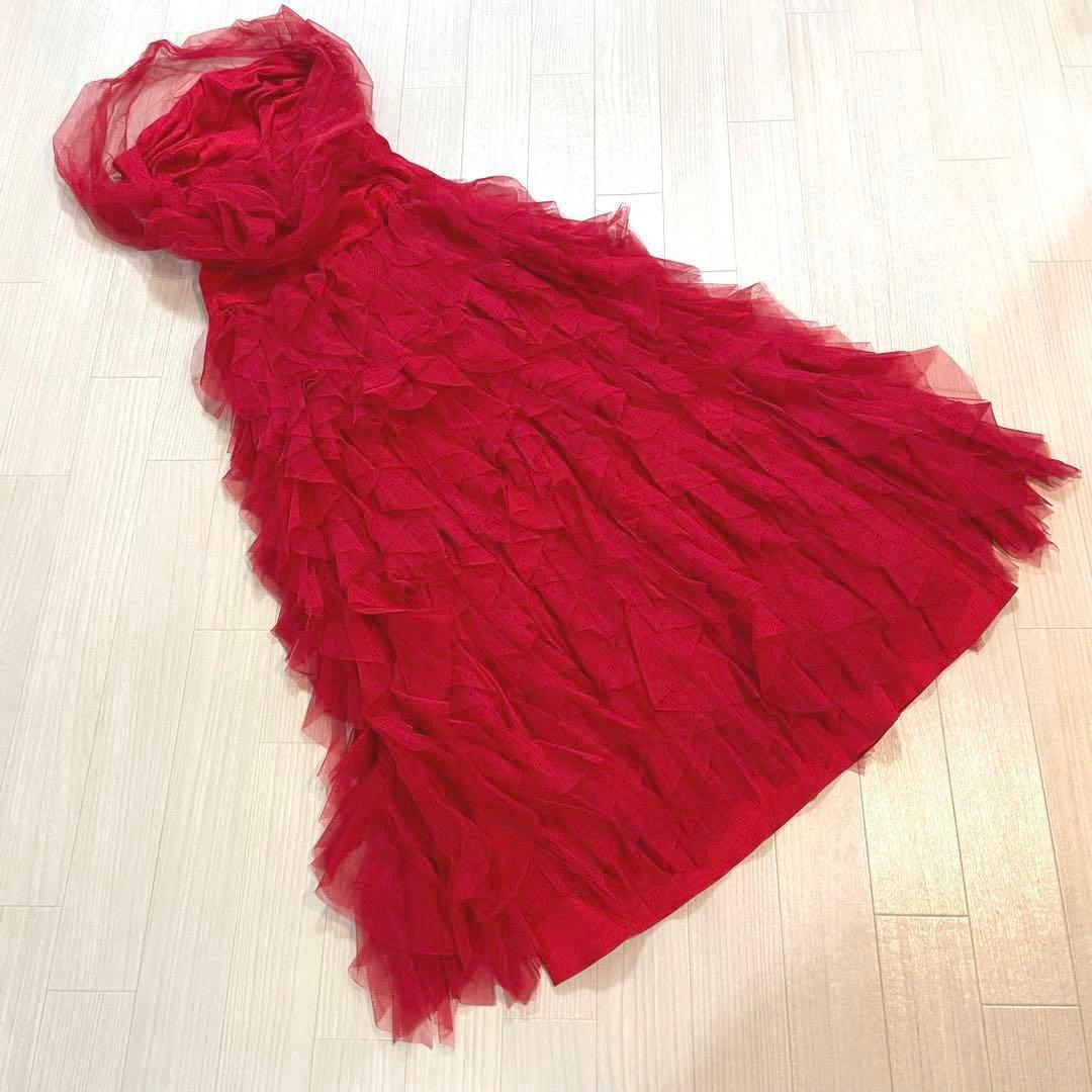 ジェシカマクリントック　パーティドレス　レッド フリル　ストラップレスロングS