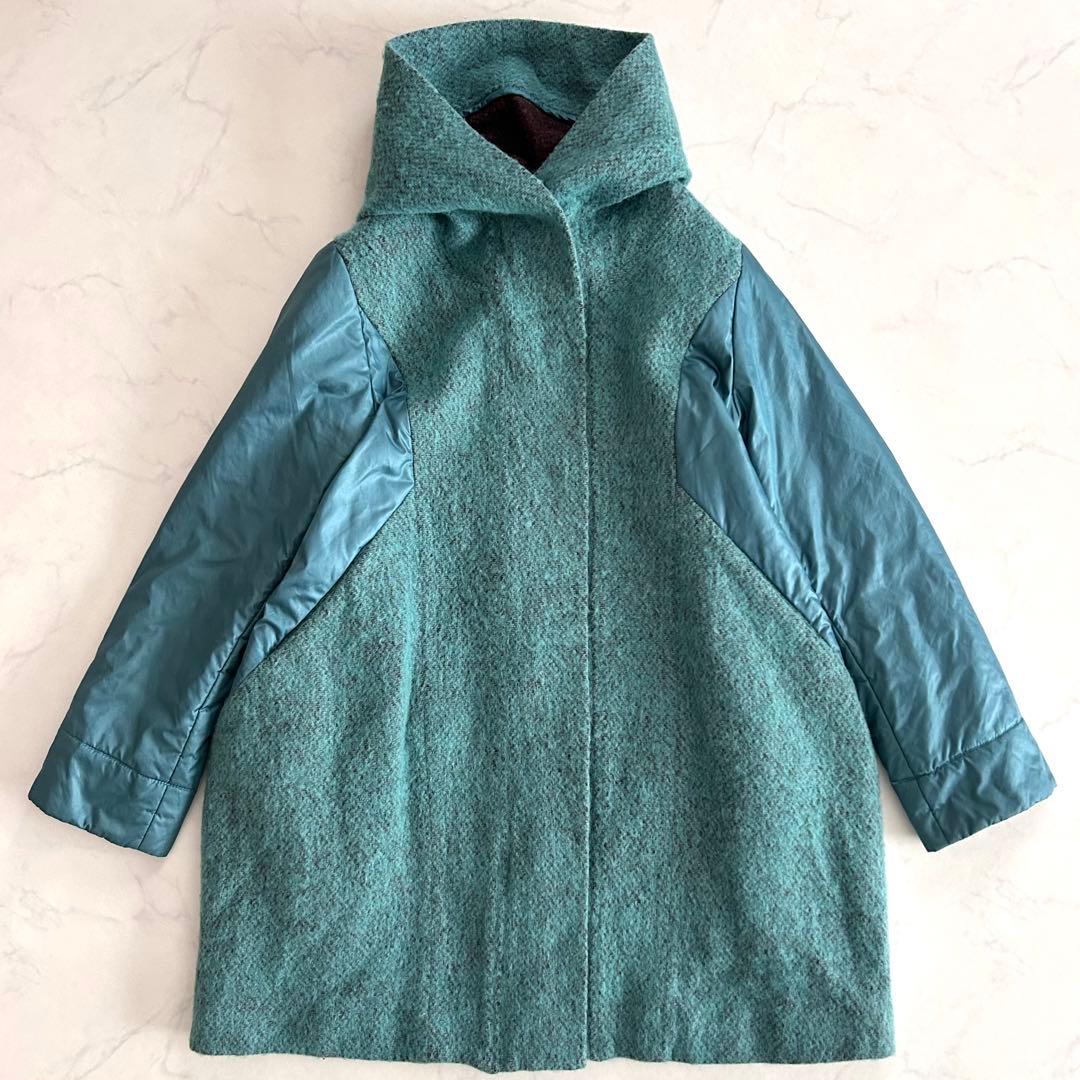 cubecube センソユニコ モヘヤMIX切替フーデットコート ブルーグリーン