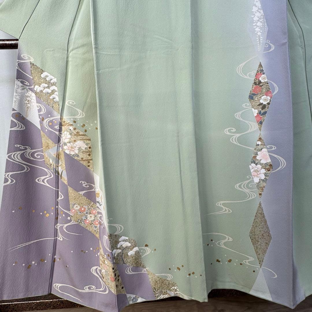 超美品　袷　訪問着　正絹　現代　薄緑　正統派　金彩　黄緑　薄紫　158裄64
