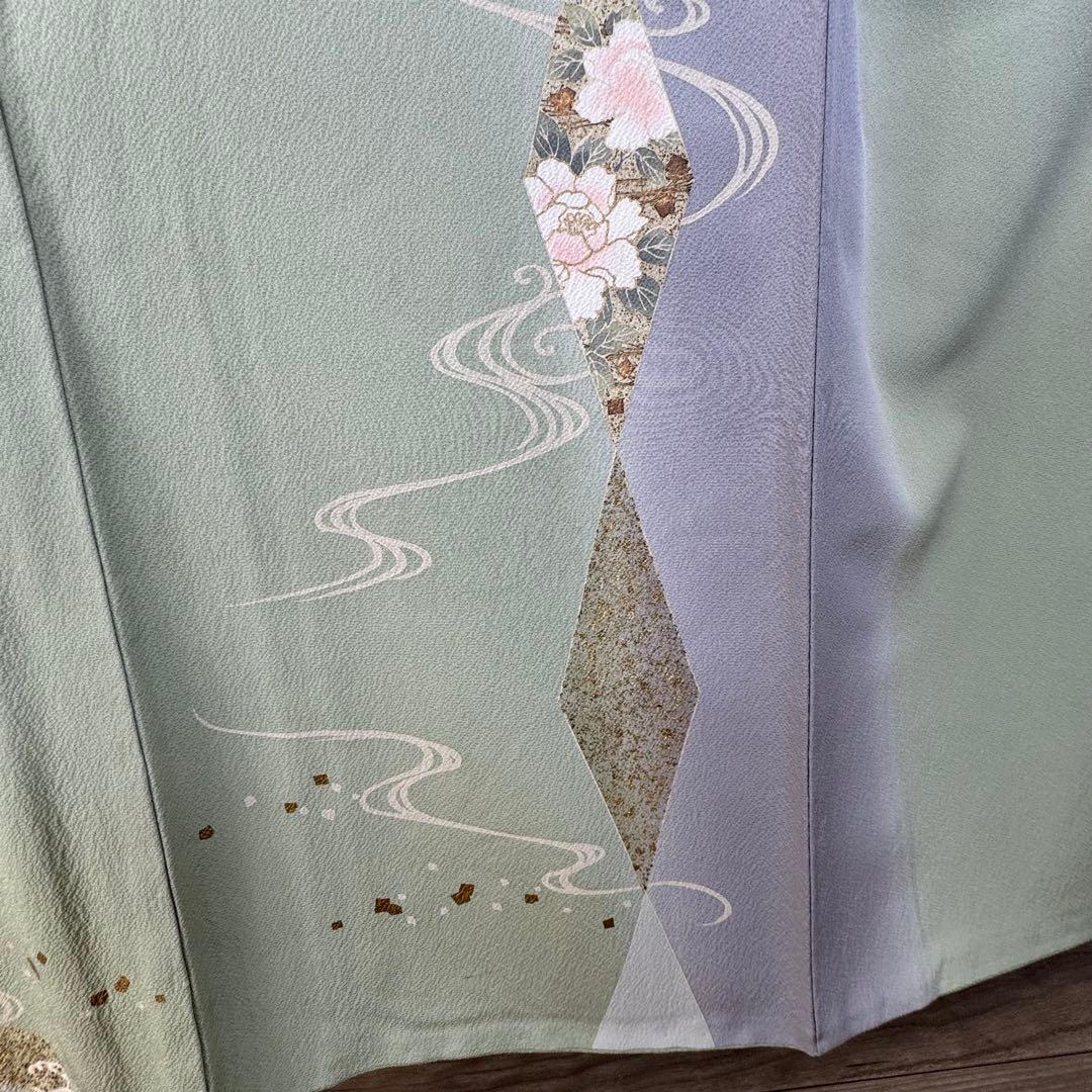 超美品　袷　訪問着　正絹　現代　薄緑　正統派　金彩　黄緑　薄紫　158裄64