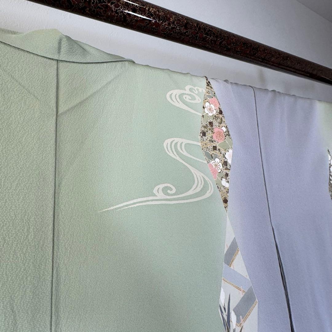 超美品　袷　訪問着　正絹　現代　薄緑　正統派　金彩　黄緑　薄紫　158裄64