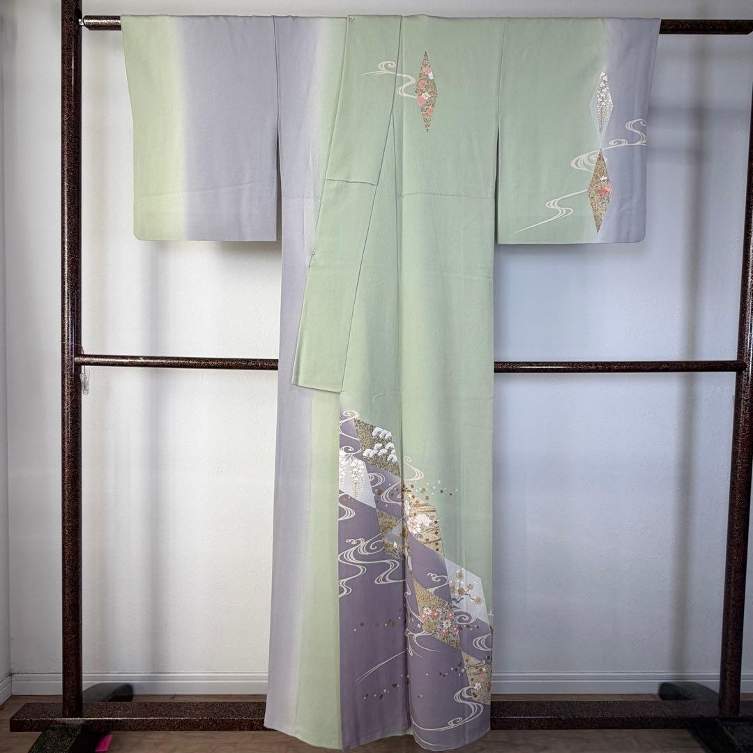 超美品　袷　訪問着　正絹　現代　薄緑　正統派　金彩　黄緑　薄紫　158裄64