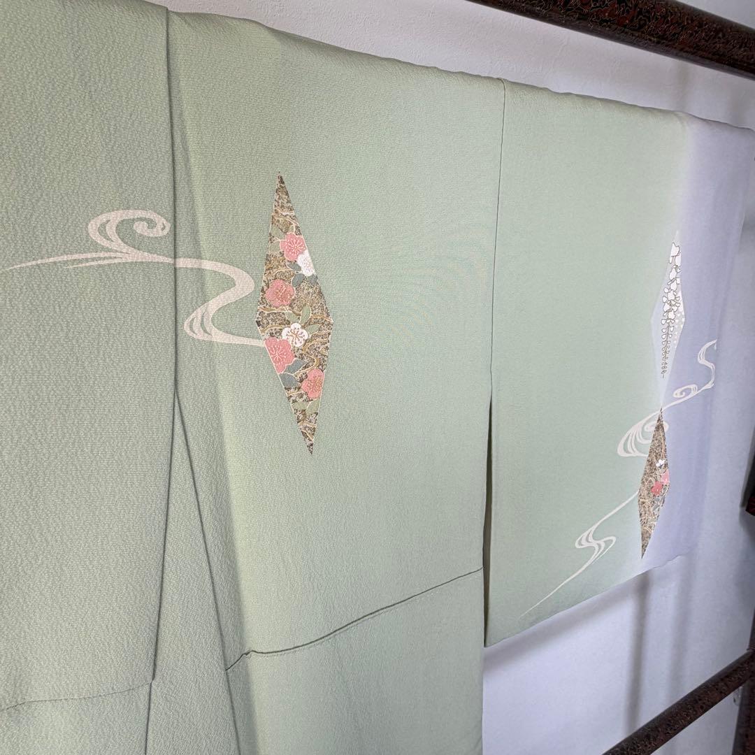 超美品　袷　訪問着　正絹　現代　薄緑　正統派　金彩　黄緑　薄紫　158裄64