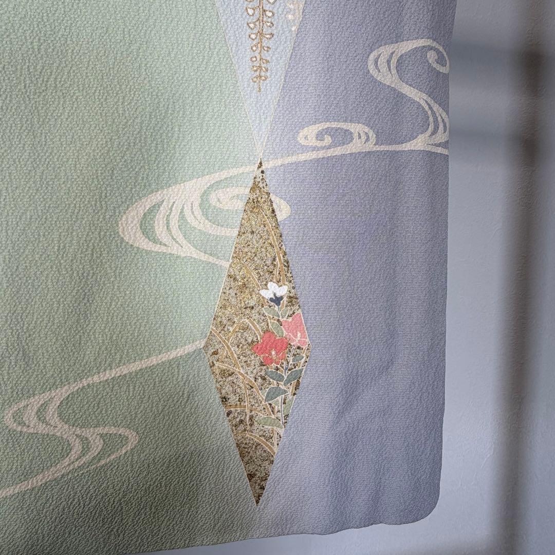 超美品　袷　訪問着　正絹　現代　薄緑　正統派　金彩　黄緑　薄紫　158裄64