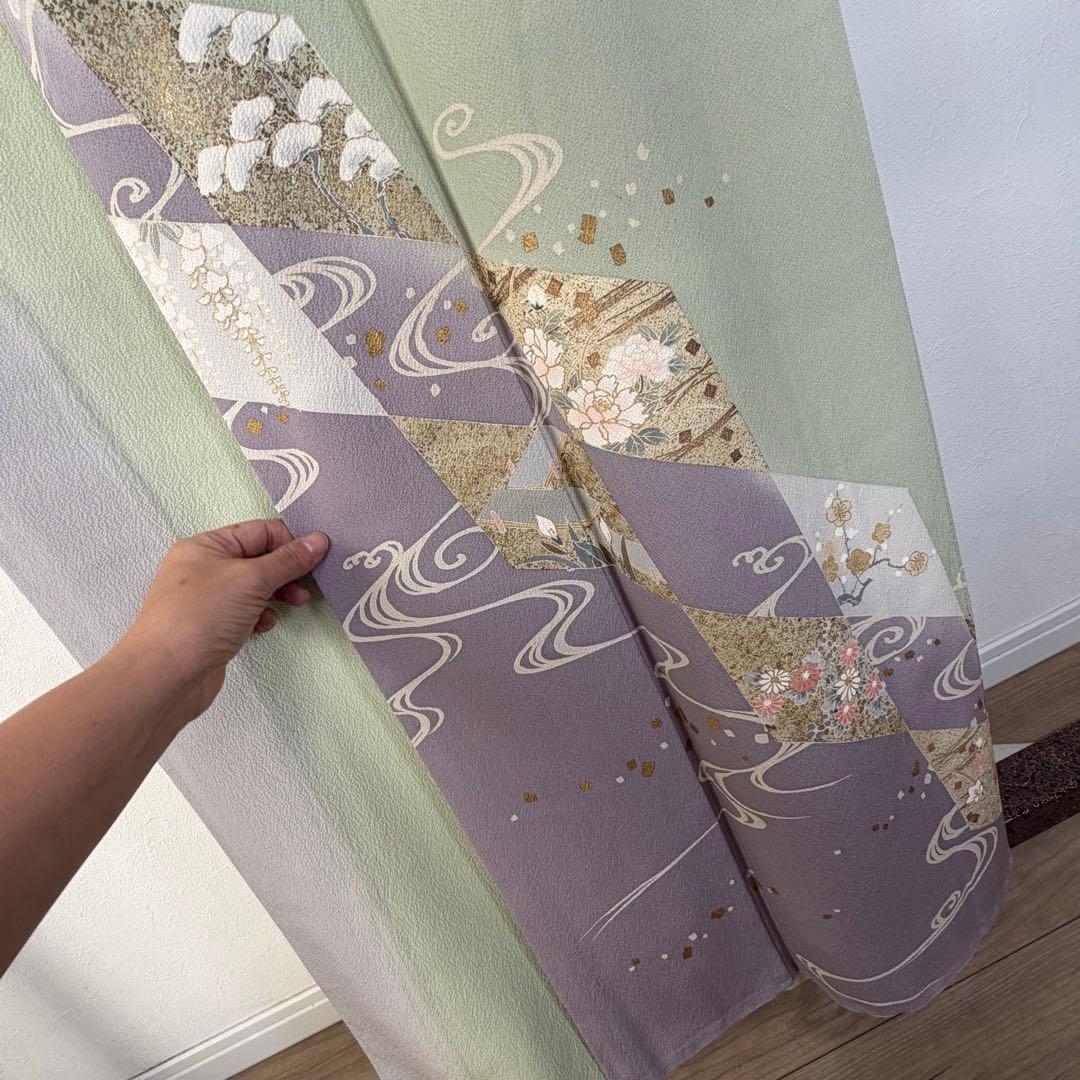 超美品　袷　訪問着　正絹　現代　薄緑　正統派　金彩　黄緑　薄紫　158裄64