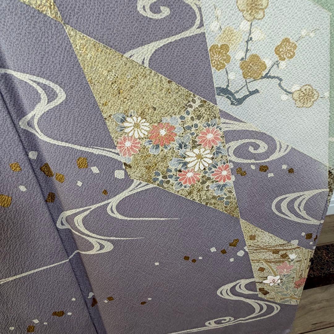 超美品　袷　訪問着　正絹　現代　薄緑　正統派　金彩　黄緑　薄紫　158裄64