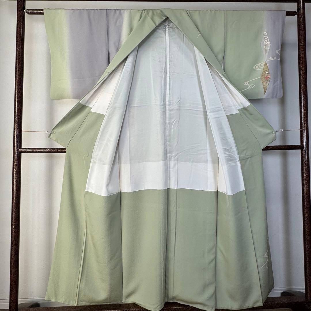 超美品　袷　訪問着　正絹　現代　薄緑　正統派　金彩　黄緑　薄紫　158裄64