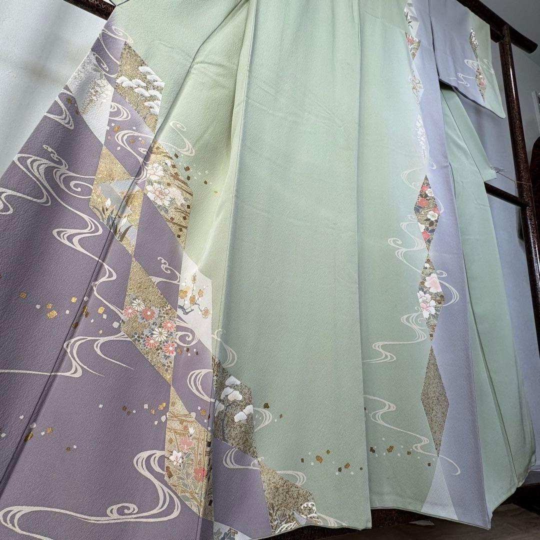 超美品　袷　訪問着　正絹　現代　薄緑　正統派　金彩　黄緑　薄紫　158裄64