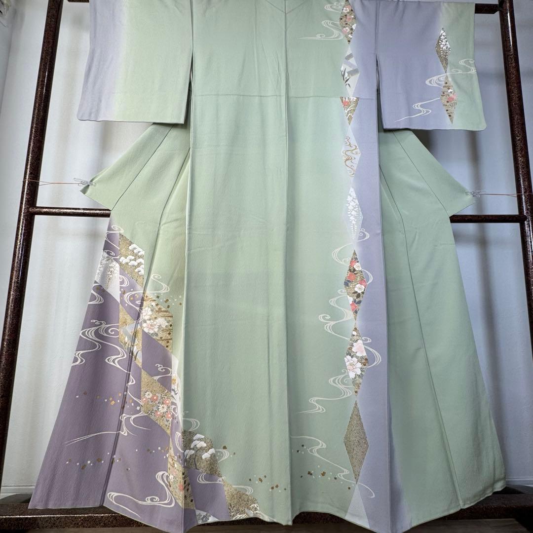 超美品　袷　訪問着　正絹　現代　薄緑　正統派　金彩　黄緑　薄紫　158裄64