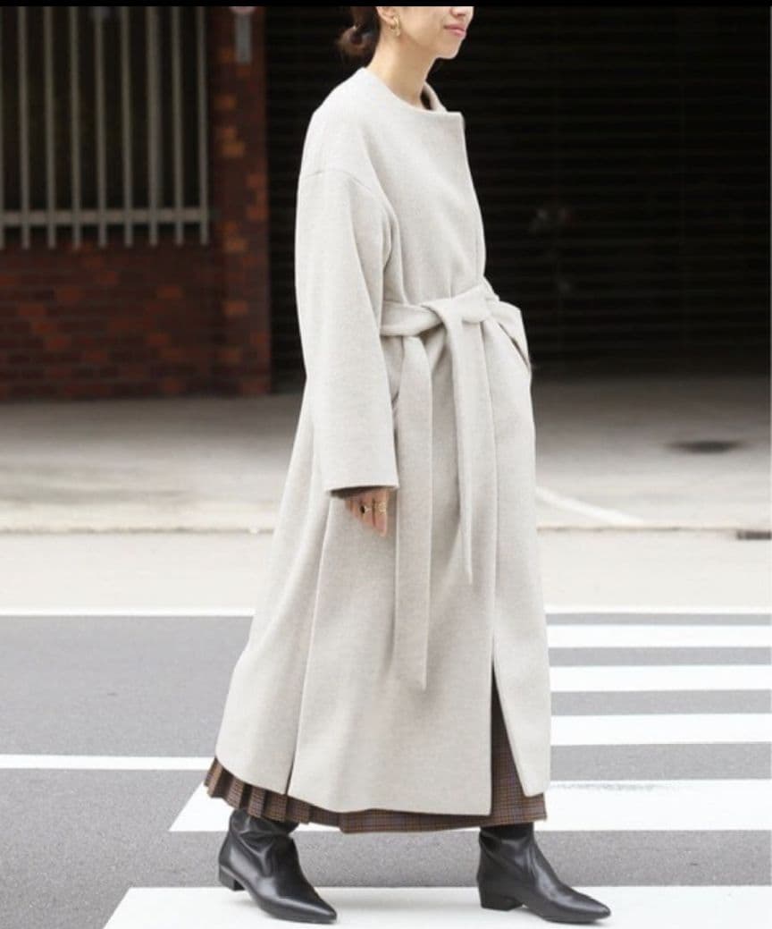 【IENA】イエナ ロングスリット ノーカラーコート ナチュラル 36