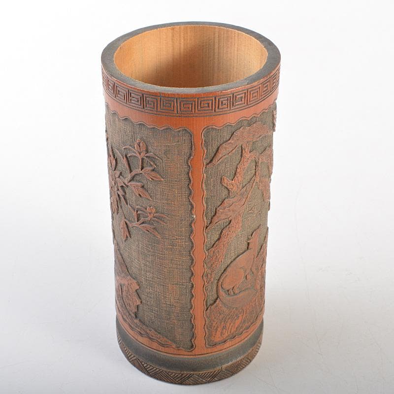 eee 中国　古竹彫刻　神獣桜閣山水文　筆筒　V　R7505