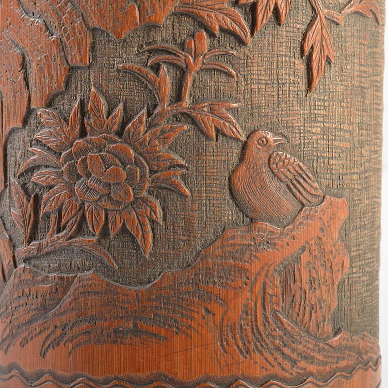 eee 中国　古竹彫刻　神獣桜閣山水文　筆筒　V　R7505