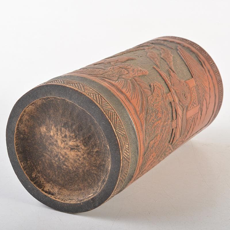 eee 中国　古竹彫刻　神獣桜閣山水文　筆筒　V　R7505