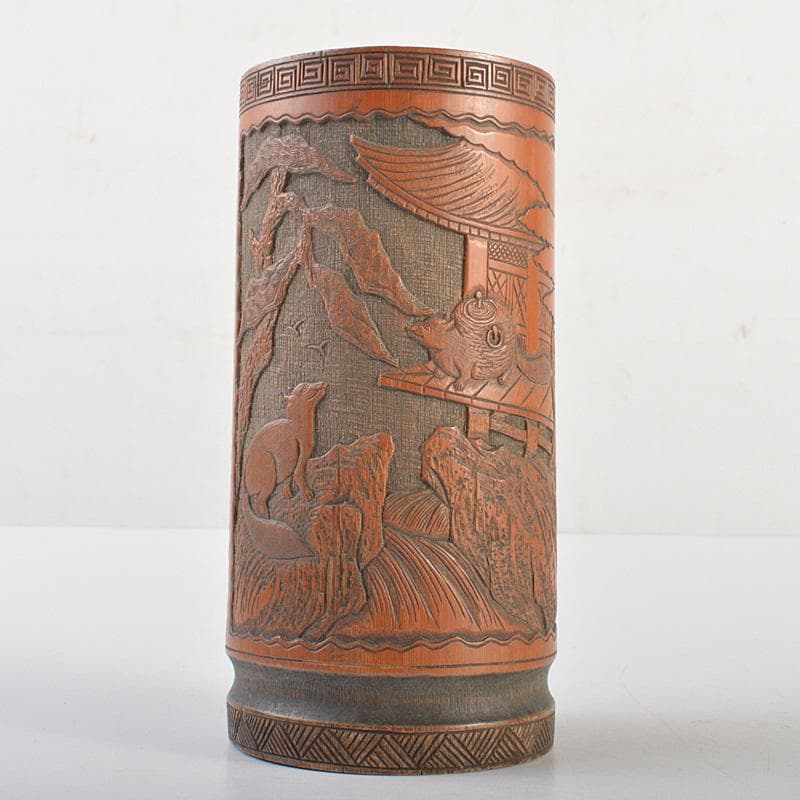 eee 中国　古竹彫刻　神獣桜閣山水文　筆筒　V　R7505