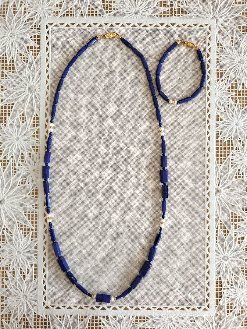 ラピスラズリとパール ネックレス ブレスレット アンティーク レトロ