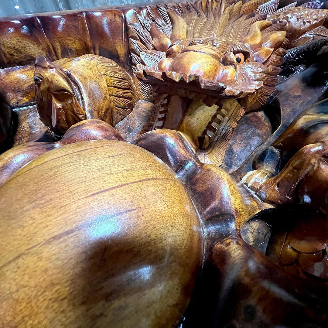 【希少】中国美術 干支 テーブル アンティーク 彫刻 木彫 ガラス天板 縁起物