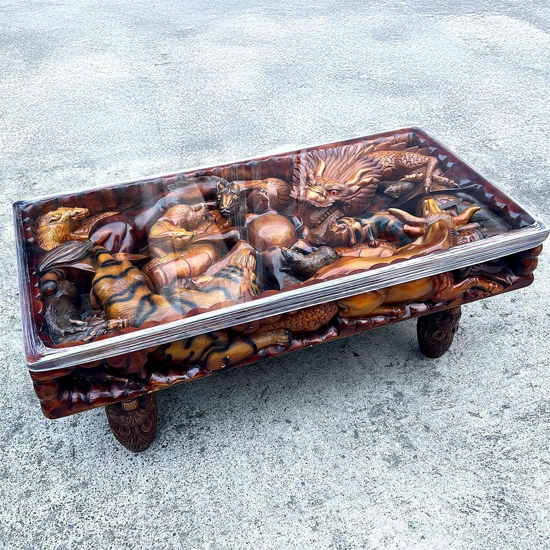 【希少】中国美術 干支 テーブル アンティーク 彫刻 木彫 ガラス天板 縁起物