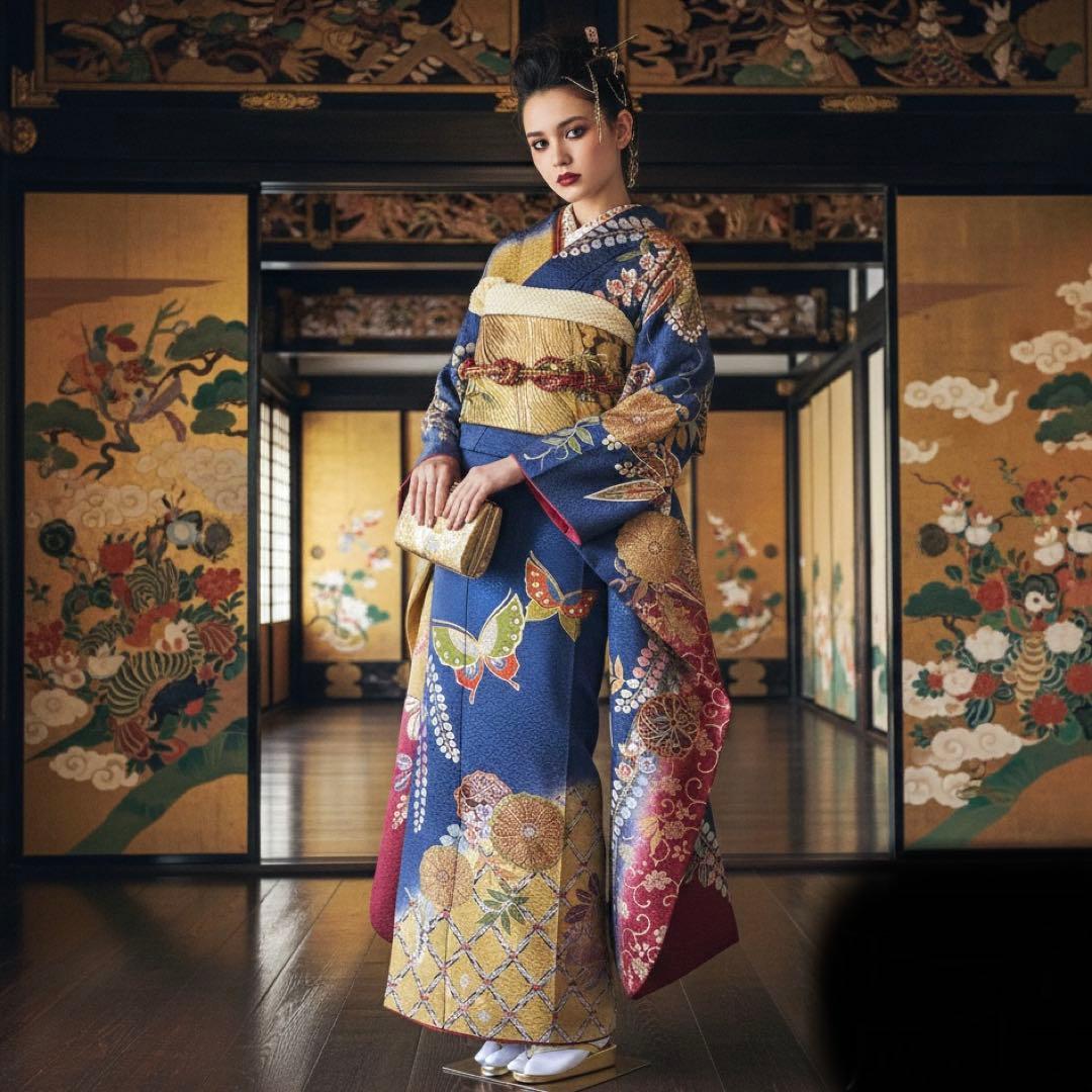 振袖フルセット　山本寛斎　高身長　幅広　手描友禅　成人式振袖　振袖　裄丈68