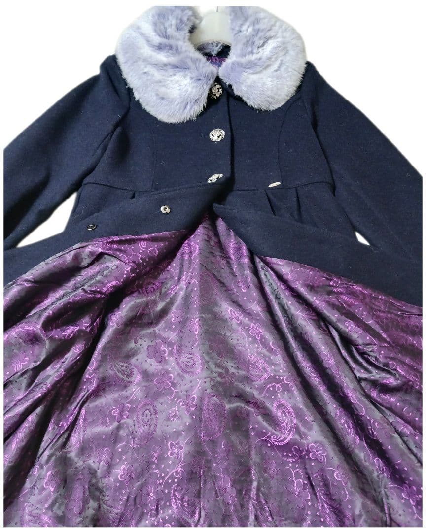 ANNASUI MINI◆ロングコート◆160 ファー ビジュー 花柄 ネイビー