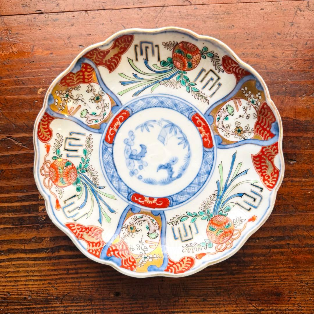 aloha34様用　金彩色絵草花文 一枚 朱塗り吸い物椀2客セット印判皿ニ枚