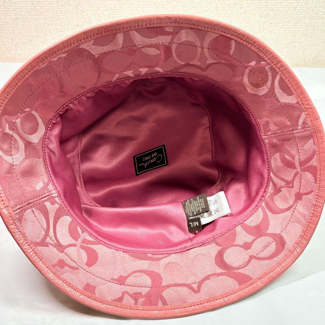 美品　COACH コーチ ジャガードバケットハット M/Lピンク