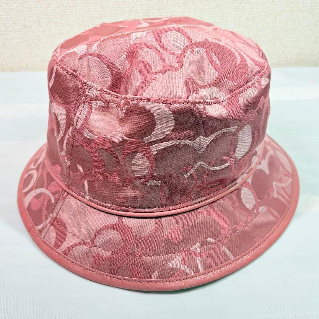 美品　COACH コーチ ジャガードバケットハット M/Lピンク